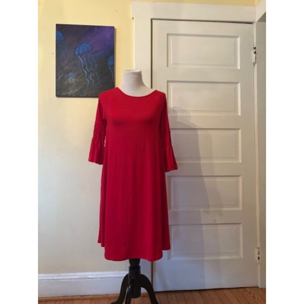 A&D Walker dress, cherry red midi length flowey sleeves round neck pockets XS